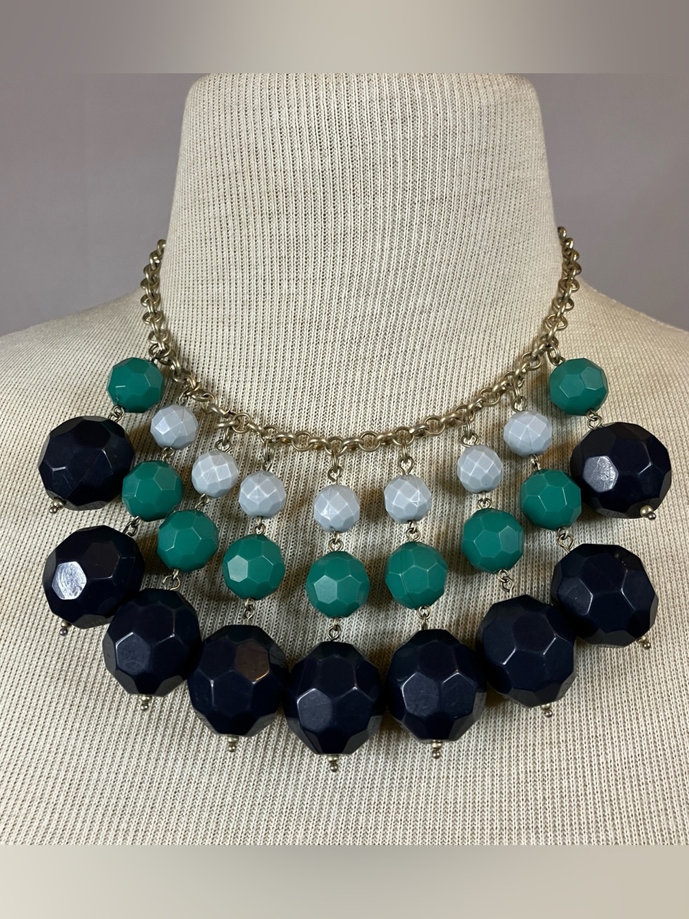 Anthropologie Teal, Navy & White Faceted Bead Bib Necklace